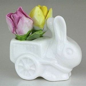 Coalport Bunny  & Flower Cart Figurine Bone China Yellow Pink Rose